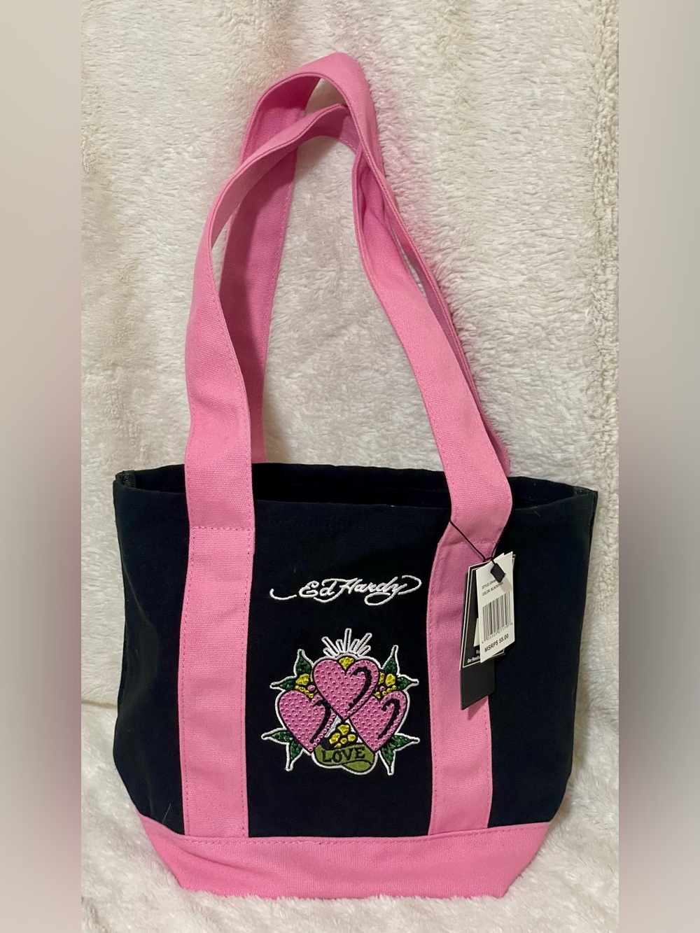 Ed Hardy Black and Pink Canvas Tote with Embroidered Hearts